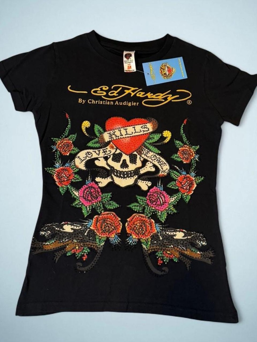 2000’s Deadstock Ed Hardy x Christian Audigier Skull and Roses Black Top ☠️💖